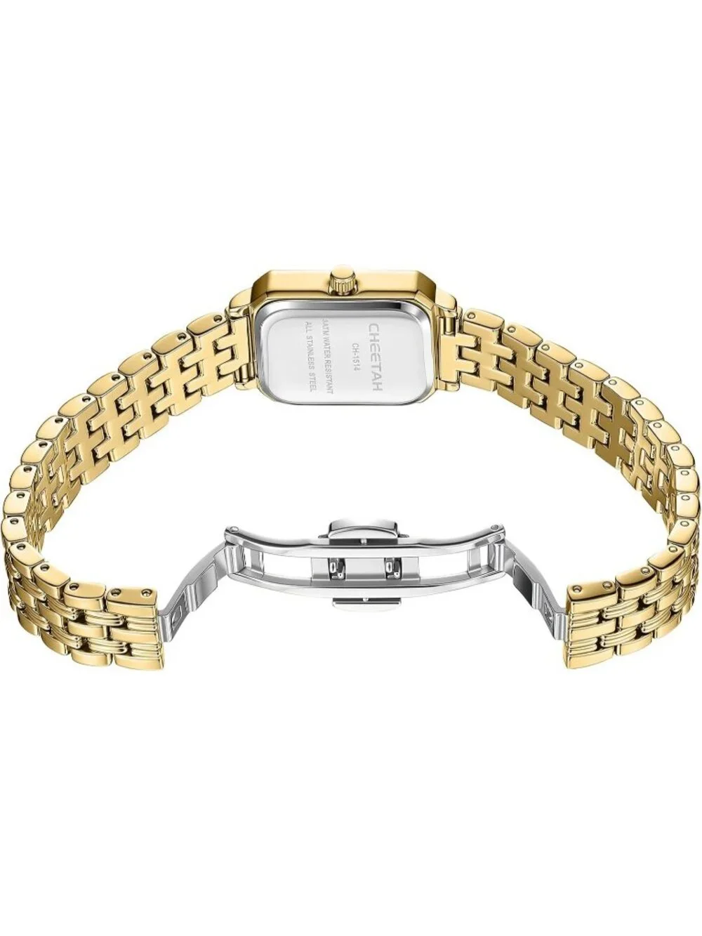 Women's Gold Two Tone Rectangular Dial Stainless Steel Bracelet Wrist Watch